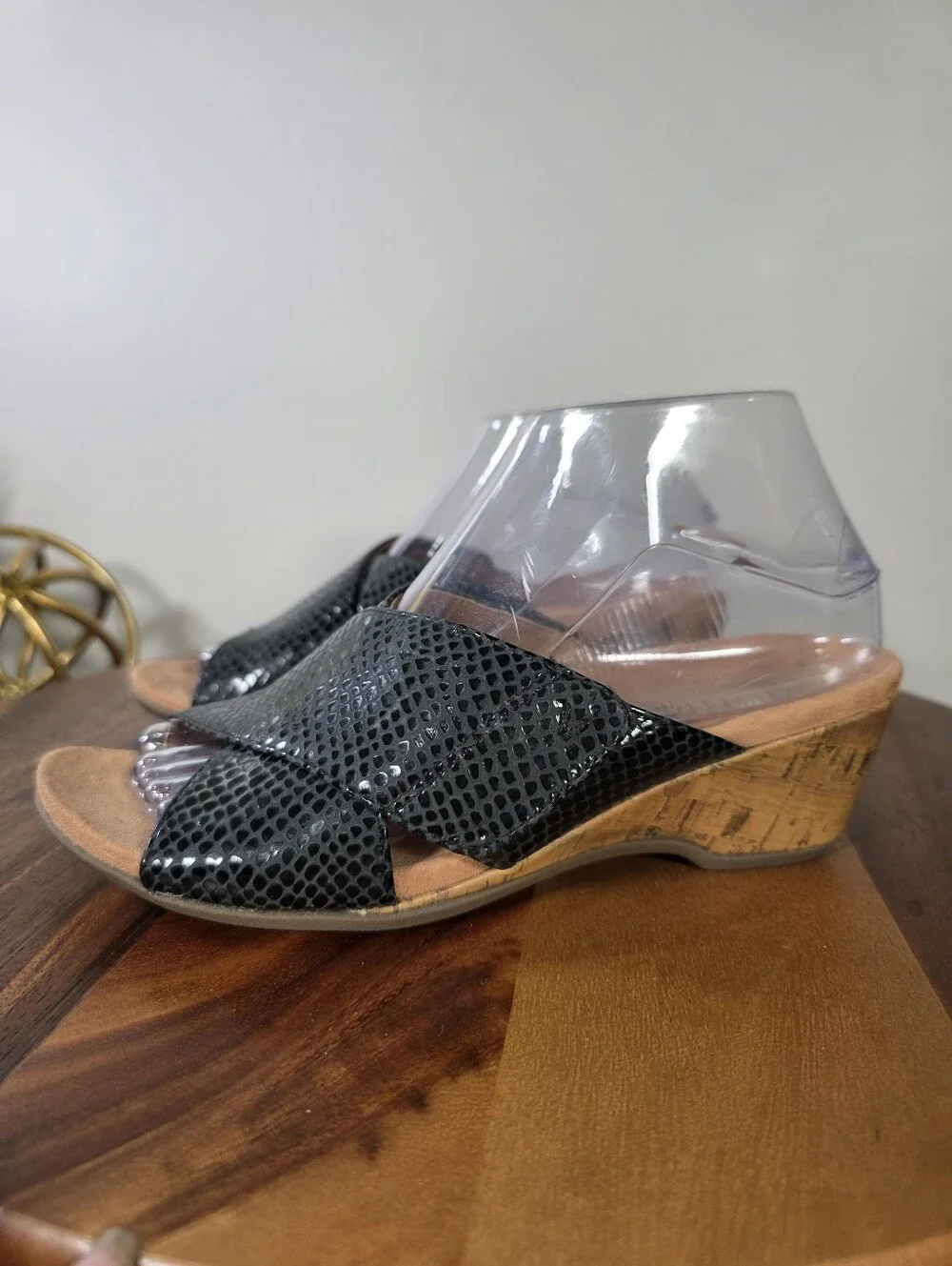 Vionic Leticia Black Snake Print Leather Wedge Slide Sandals Women's Size 7